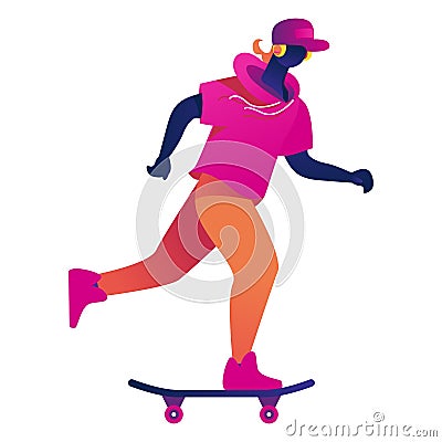 Young male student or teen riding on skateboard in bright vivid color gradients. Concept illustration, isolated on white Cartoon Illustration