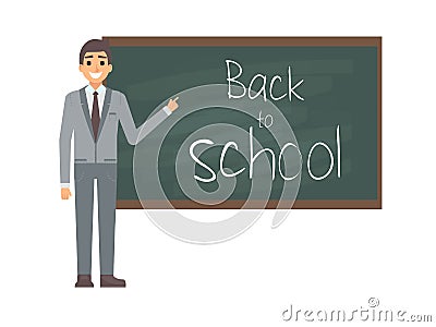 Young male teacher against blackboard in classroom isolated on white. Professor showing on boardon on lesson. Flat Vector Illustration