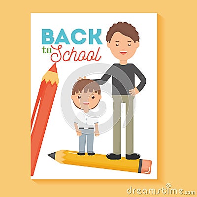 Young male teacher with student boy and pencils Vector Illustration