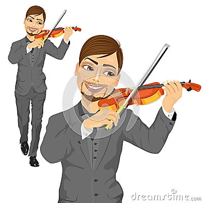 Young male violinist playing an acoustic violin Vector Illustration