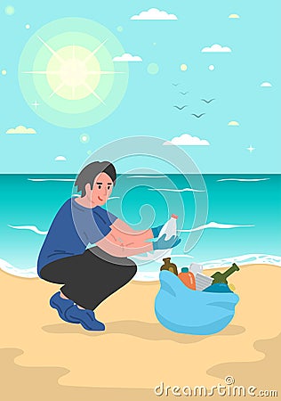 Young male volunteer on summer sea beach. Vector Illustration