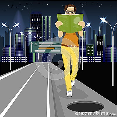 Young man is absorbed in book goes toward dangerous open unsecured hatch on road Vector Illustration