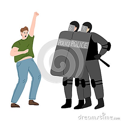 Young man activist getting police resistance during strike for human rights Vector Illustration