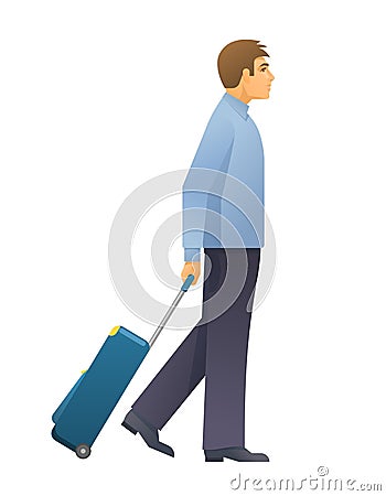 Young man airplane passenger walking with luggage suitcase on white background. Vacations, travel and active lifestyle Vector Illustration