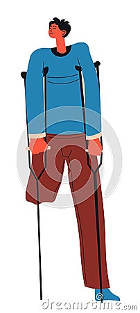 Young man with amputated leg walks on crutches Vector Illustration