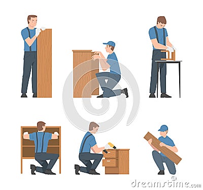 Young Man Assembling and Installing Wooden Furniture Vector Set Stock Photo