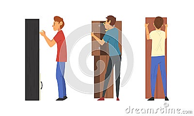 Young Man Assembling Wooden Wardrobe Engaged in Manual House Work Vector Set Vector Illustration