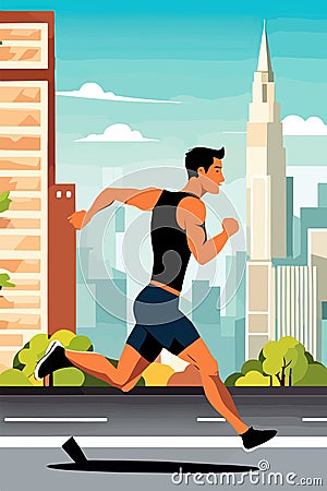 Young man athlete runs against the backdrop of the city. Running guy. Active Vector Illustration