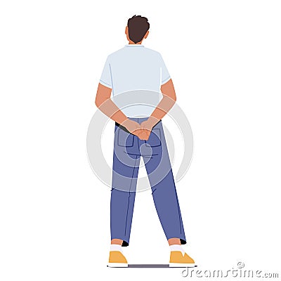 Young Man Back View, Male Character in Polo T-shirt and Jeans Holding Hands Behind. Abstract Person Businessman Rear Vector Illustration