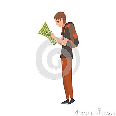 Young Man with Backpack Holding Road Map Planning the Route, Summer Travel, Camping, Backpacking Trip or Expedition Vector Illustration