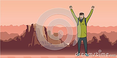 A young man, backpacker with raised hands in mountain landscape. Hiker, Explorer. A symbol of success. Vector Vector Illustration