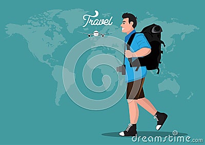 Young man backpacking around the world Long weekend travel idea. vector illustration Vector Illustration