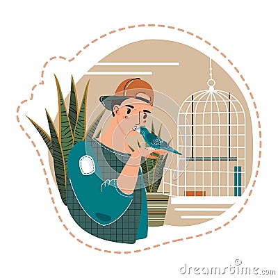 Young man with a backwards cap gently holding a small bird on his hand, indoor plants nearby. Friendly interaction Vector Illustration