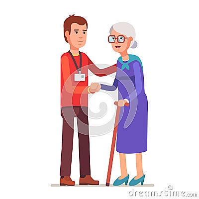 Young man with badge helping an old lady Vector Illustration