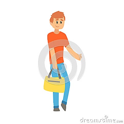 Young man with bag standing with a sign hitchhiking and raised his thumb up Vector Illustration