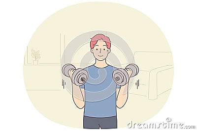 Young man with barbells train at home Vector Illustration