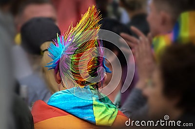 Young man from behind with a colorful rainbow wig in punk style in the crowd at Christopher Street Day in Luebeck 2019 Editorial Stock Photo