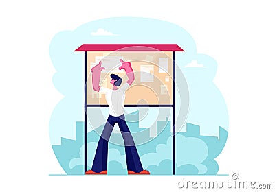 Young Man Billposter Sticking Paper Advertisement on Bulletin Board on City View Background. Character Posting Flyer Vector Illustration