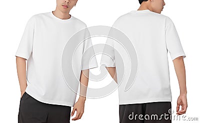 Young man in blank oversize t-shirt mockup front and back used as design template, isolated on white background Stock Photo