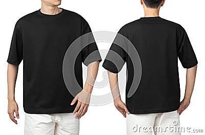 Young man in blank oversize t-shirt mockup front and back used as design template Stock Photo