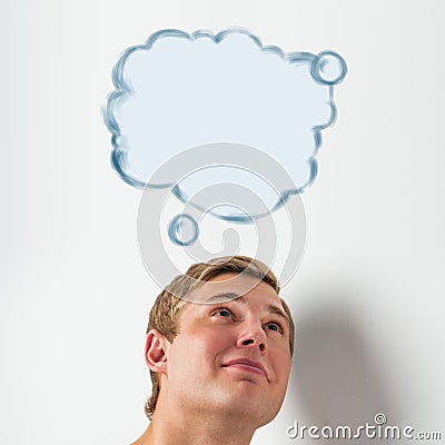 Young man with a blank speech bubble over his head Stock Photo