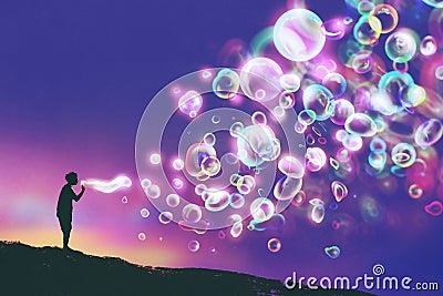 Young man blowing glowing soap bubbles against evening sky Cartoon Illustration