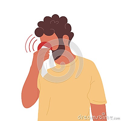 Young man blowing nose into handkerchief Vector Illustration