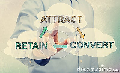 Young man in blue shirt pointing at Attract, Convert and Retain Stock Photo