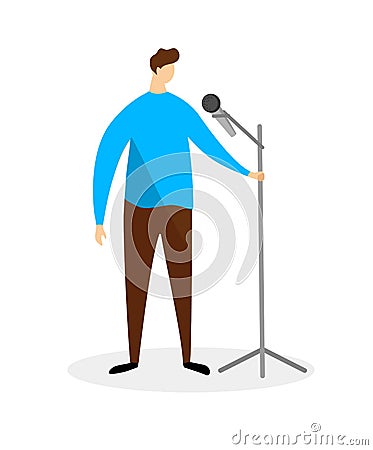 Young Man in Blue Shirt Standing with Microphone. Vector Illustration