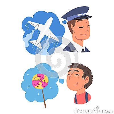 Young Man and Boy Thought and Need in Cloud Vector Set Vector Illustration