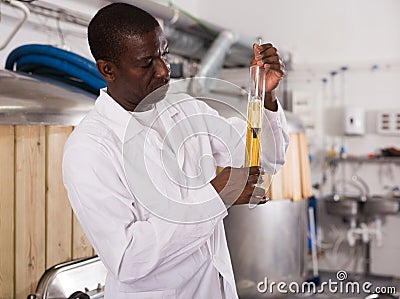 Young man brewer cin uniform hecking quality of beer in flask Stock Photo