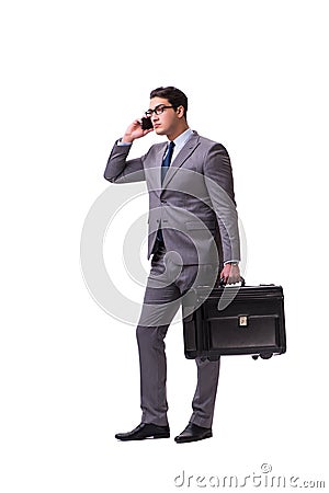 The young man during business travel isolated on white Stock Photo