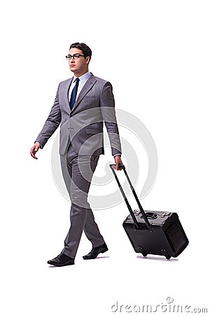 The young man during business travel isolated on white Stock Photo