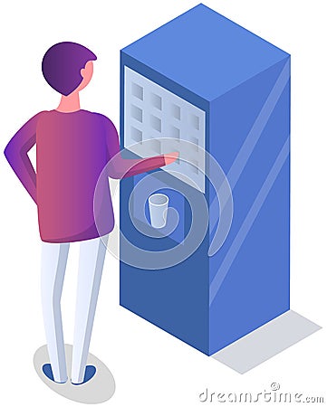 Young man buying water in automatic vending machine. Equipment for serving hot and cold drinks Vector Illustration