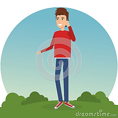 Young man calling in the park Vector Illustration