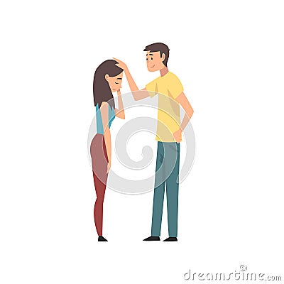 Young Man Calming Down Upset Beautiful Woman, Couple on Date Vector Illustration Vector Illustration
