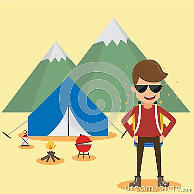Young Man Camping. Concept Travel Summer Vector Illustration Flat Style. Vector Illustration