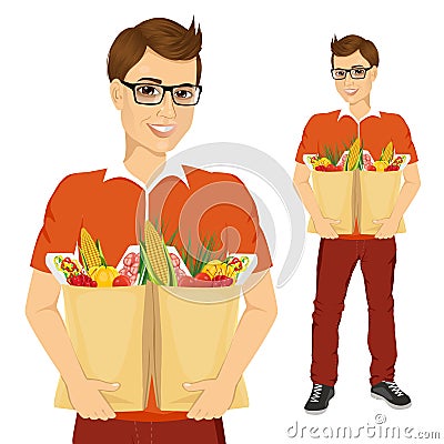 Young man carrying grocery paper bags Vector Illustration