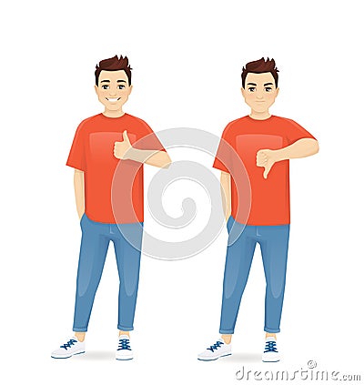 Young man gesturing thumb up and thumb down Vector Illustration