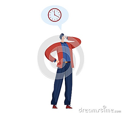 Young man in casual clothes looks at clock speech bubble. Pondering time management. Waiting concept vector illustration Vector Illustration