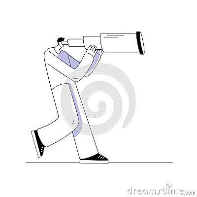 A young man in casual clothes looks through a telescope. Vector Illustration