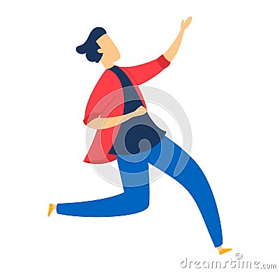 Young man in casual clothing dancing happily. Cheerful dancer enjoying music with dynamic movement. Joyful dance and Vector Illustration