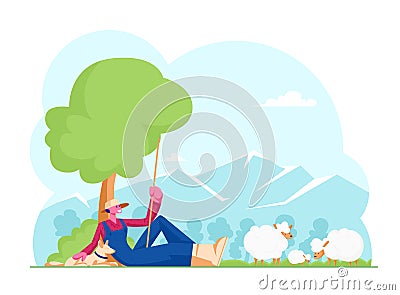 Young Man in Chaff Hat and Blue Overalls Holding Long Stick Sitting with Dog under Tree Grazing Sheep Vector Illustration