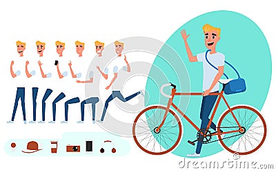 Young man character creation set for animation. Young man with bicycle. Parts body template. Different emotions and poses Vector Illustration