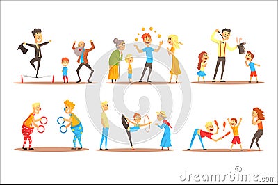 Young man character juggling with orange balls before happy people. Circus or street actor colorful cartoon detailed Vector Illustration