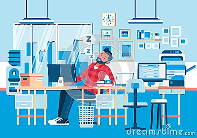 Young man character overslept in the office due to fatigue working overtime, office interior as background vector illustration Vector Illustration