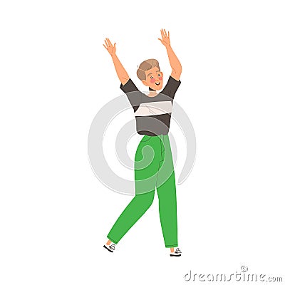 Young Man Character Raising Hands in Triumph Showing Hand Gesture Expressing Positive Emotion Vector Illustration Vector Illustration