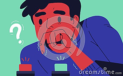 Young man choosing button to push. Concept of difficult choice between two options, alternatives or opportunities, life Vector Illustration