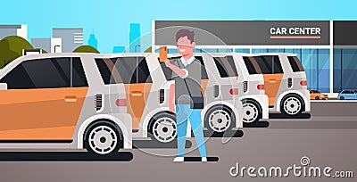 Young man choosing vehicle on car center parking using mobile application carsharing concept guy holding smartphone Vector Illustration