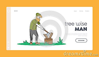 Young Man Chopping Wood Landing Page Template. Bearded Character with Ax s Cut Logs and Timbers Vector Illustration